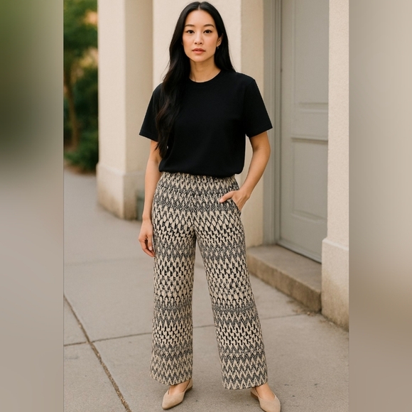 Zara Pants - NWT, ZARA Black and Cream Geometric Pattern Pants. SIZE L